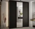 Šatní skříň s posuvnými dveřmi a zrcadlem DAVOS 200cm | Černá / černé pojezdy