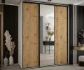 Šatní skříň s posuvnými dveřmi a zrcadlem DAVOS 200cm | Bílá / DUB Artisan / černé pojezdy