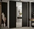 Šatní skříň s posuvnými dveřmi a zrcadlem DAVOS 200cm | Bílá / černá / černé pojezdy