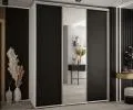 Šatní skříň s posuvnými dveřmi a zrcadlem DAVOS 200cm | Bílá / černá / stříbrné pojezdy