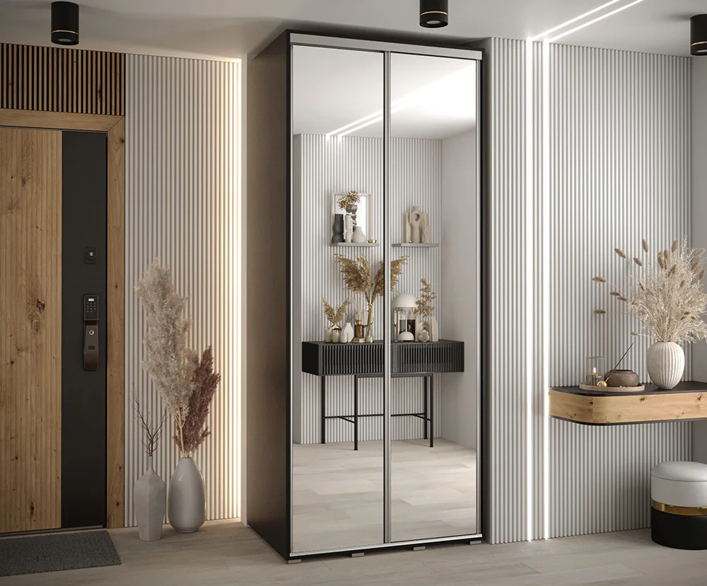 Šatní skříň s posuvnými zrcadlovými dveřmi DAVOS 120cm | Černá / stříbrné pojezdy