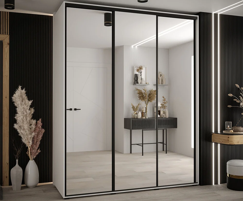 Šatní skříň s posuvnými zrcadlovými dveřmi DAVOS 190cm | Bílá / černé pojezdy