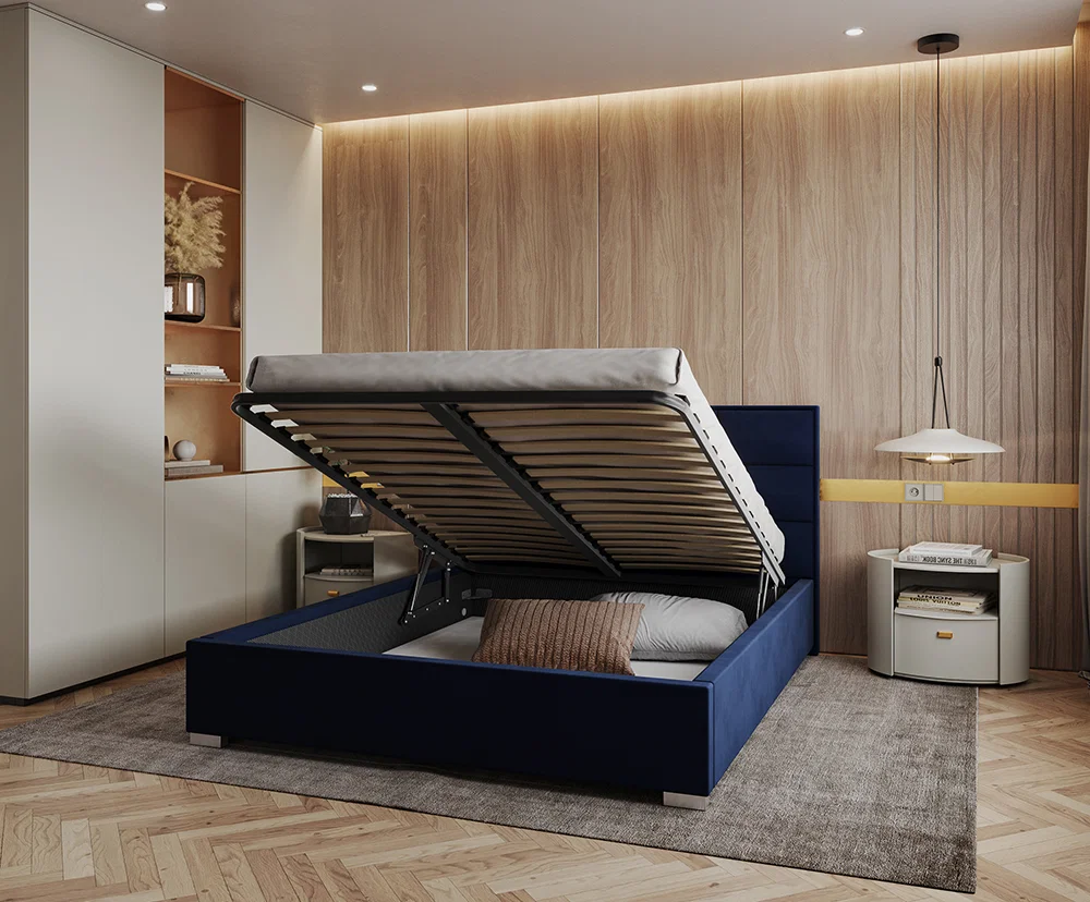 Čalouněná postel APOLLO 120x200 Tmavě Modrá Paris s úložným prostorem kovový rošt