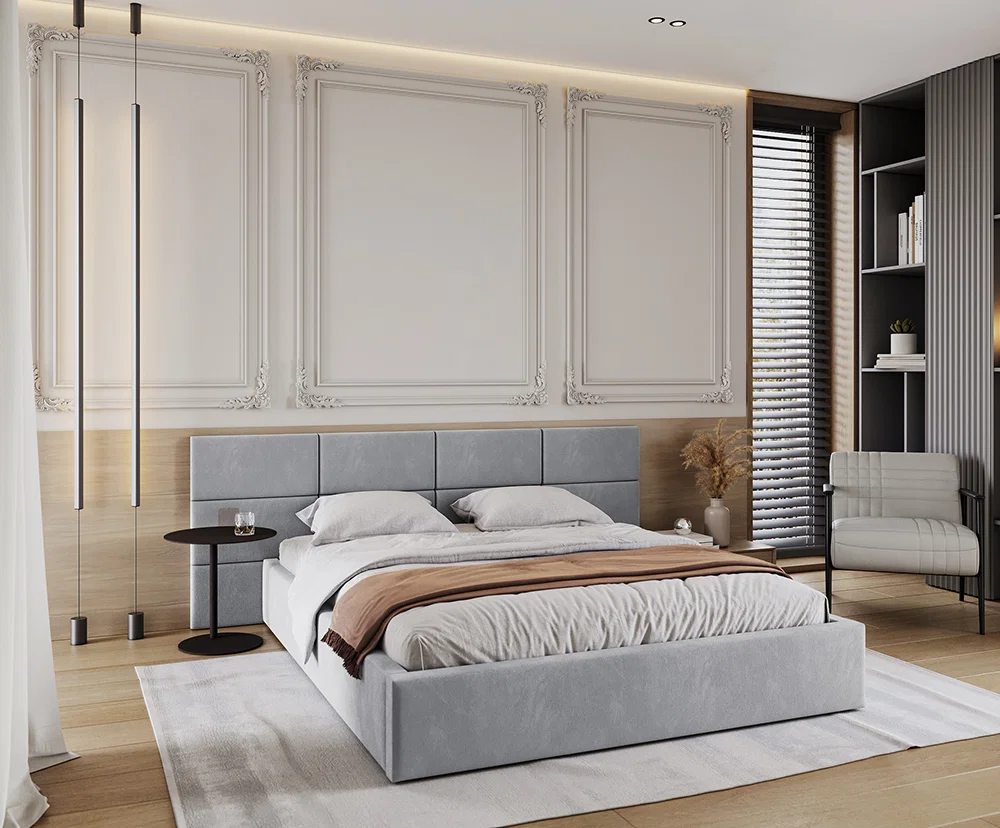 Čalouněná postel DENVER 90x200 s kovovým zdvižným roštem PARIS ŠEDÁ