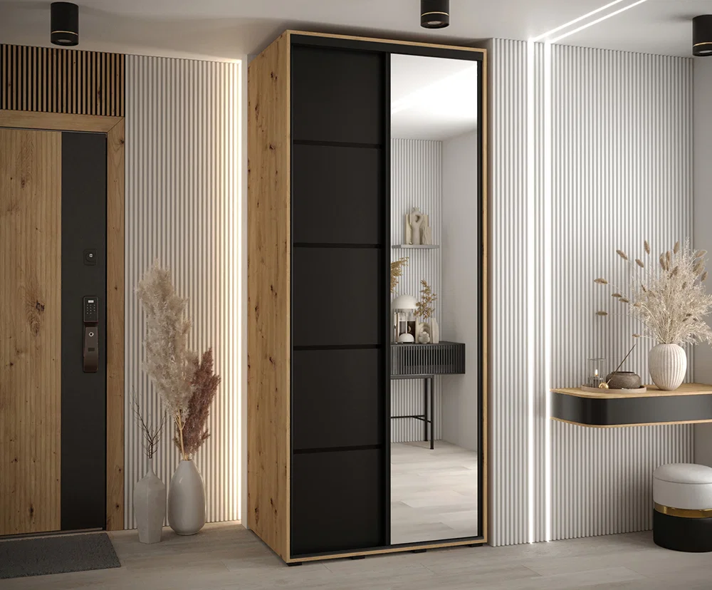 Šatní skříň DAVOS 5 posuvné dvěře a zrcadlo, 120×235×45, DUB Artisan / černá / černé