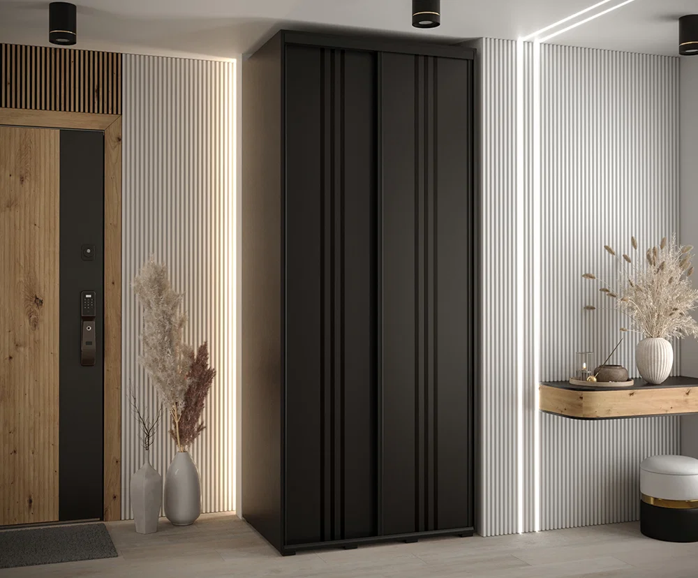 Šatní skříň s posuvnými dveřmi DAVOS 6, 100cm | Černá / černé pojezdy