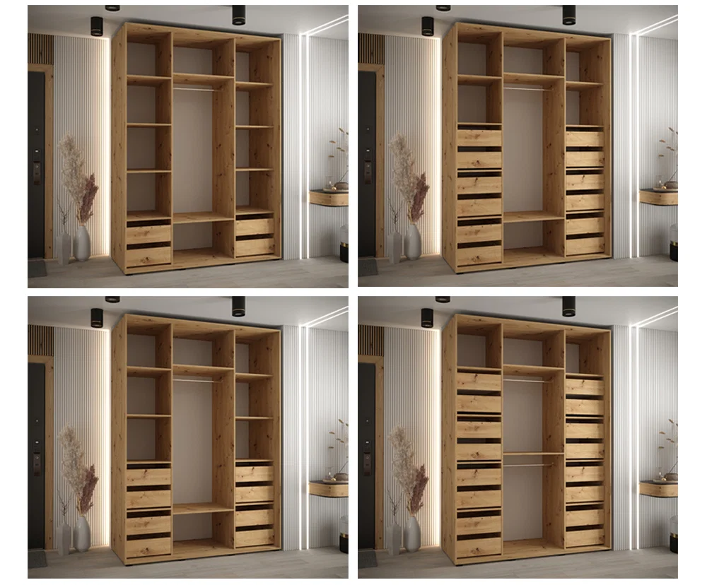 Šatní skříň s posuvnými dveřmi a zrcadlem DAVOS 7, 170cm | DUB Artisan / černé pojezdy