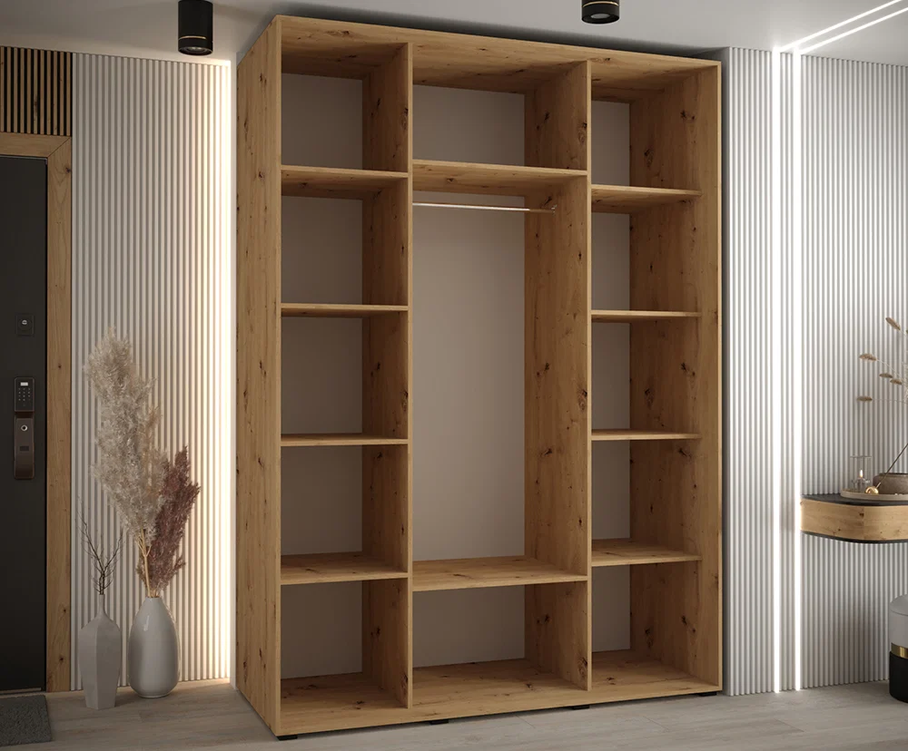 Šatní skříň s posuvnými dveřmi a zrcadlem DAVOS 7, 170cm | DUB Artisan / černé pojezdy