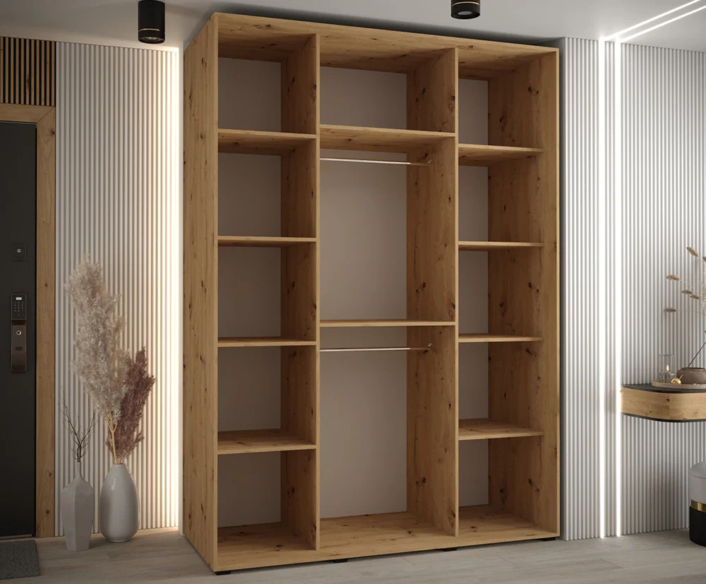 Šatní skříň s posuvnými dveřmi a zrcadlem DAVOS 7, 170cm | DUB Artisan / černé pojezdy