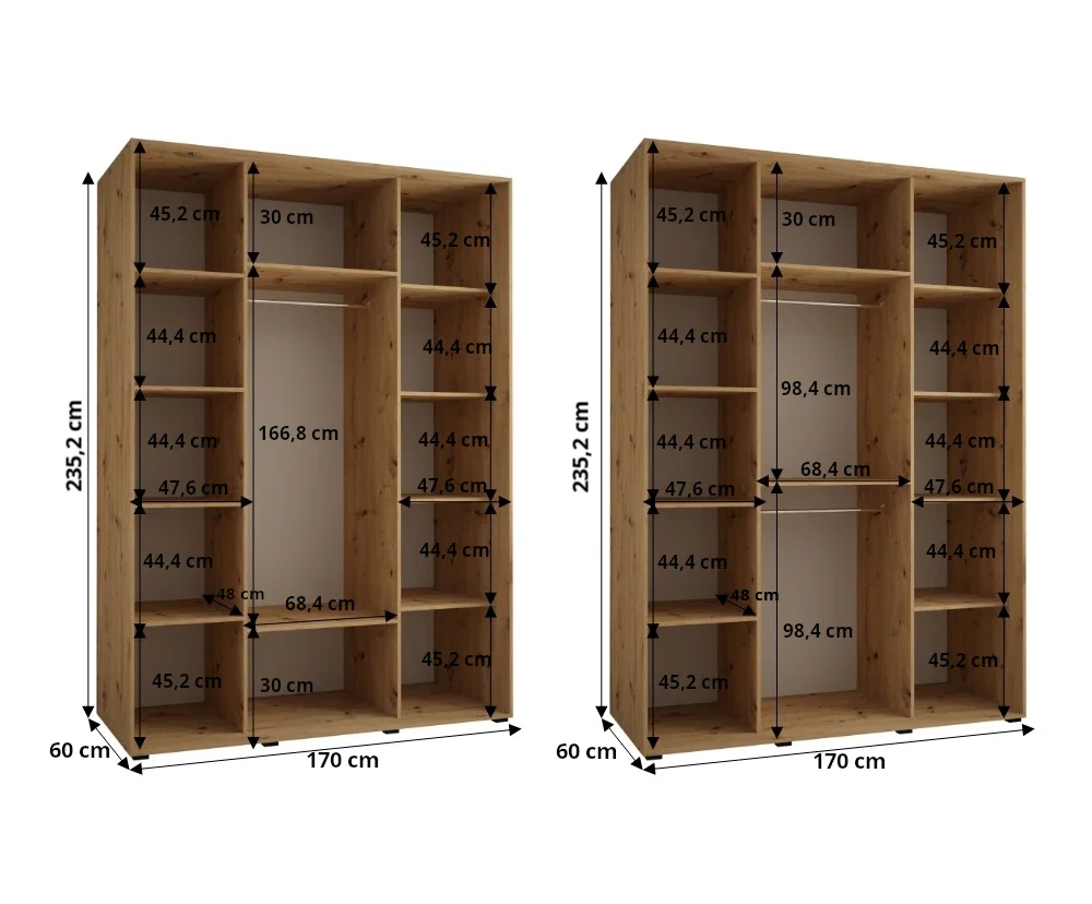 Šatní skříň s posuvnými dveřmi a zrcadlem DAVOS 7, 170cm | DUB Artisan / černé pojezdy