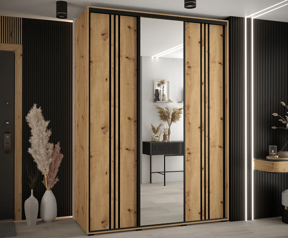 Šatní skříň s posuvnými dveřmi a zrcadlem DAVOS 7, 170cm | DUB Artisan / černé pojezdy