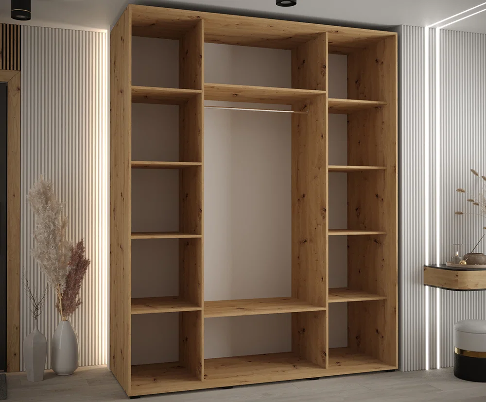 Šatní skříň s posuvnými dveřmi a zrcadlem DAVOS 7, 190cm | DUB Artisan / černá / černé