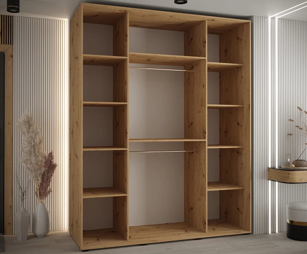 Šatní skříň s posuvnými dveřmi a zrcadlem DAVOS 7, 190cm | DUB Artisan / černá / černé
