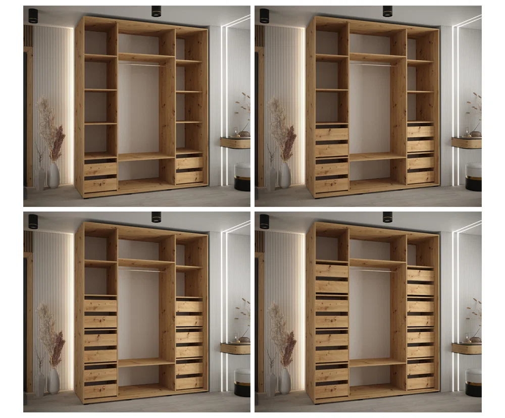 Šatní skříň s posuvnými dveřmi a zrcadlem DAVOS 7, 190cm | DUB Artisan / černá / černé