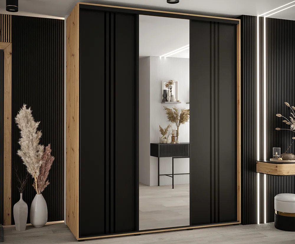 Šatní skříň s posuvnými dveřmi a zrcadlem DAVOS 7, 190cm | DUB Artisan / černá / černé