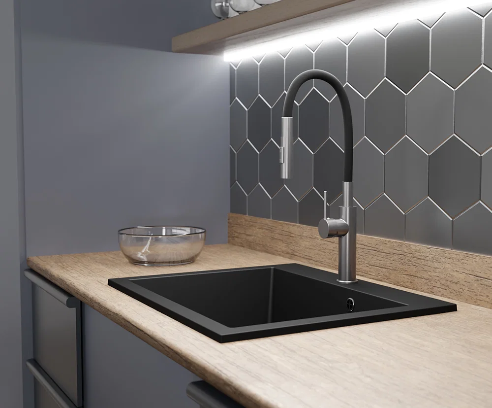 Granitový dřez ELITE černý + sifon chrom 60 x 50 x 21cm