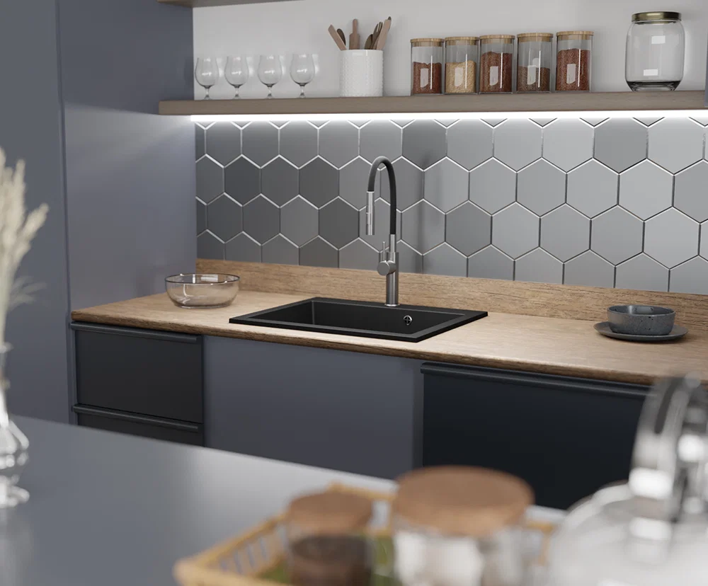 Granitový dřez ELITE černý + sifon chrom 60 x 50 x 21cm