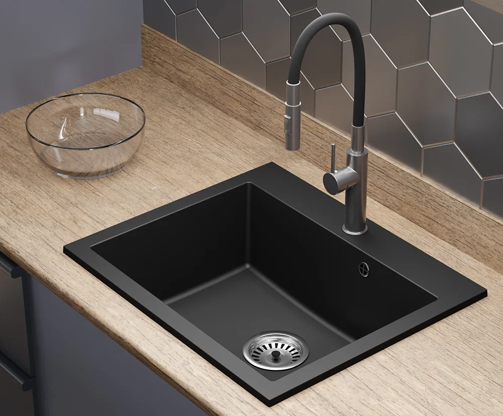 Granitový dřez ELITE černý + sifon chrom 60 x 50 x 21cm
