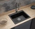 Granitový dřez ELITE černý s texturou žuly + sifon chrom 70 x 50 x 21 cm