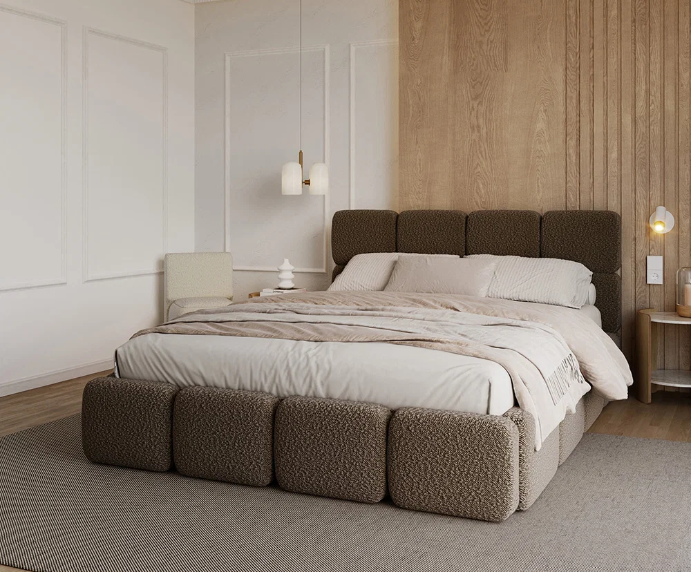 Čalouněná postel DELICATO 140x200 cm Hnědá Boucle s úložným prostorem kovový rošt