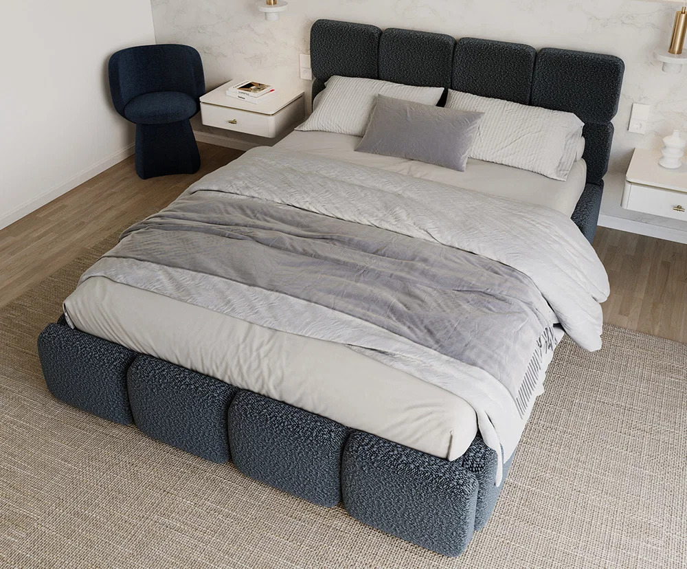 Čalouněná postel DELICATO 140x200 cm Modrá Boucle s úložným prostorem kovový rošt