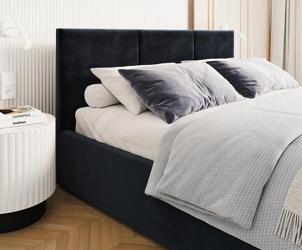 Čalouněná postel FRESIA 90x200cm Tmavě modrá Paris s úložným prostorem kovový rošt