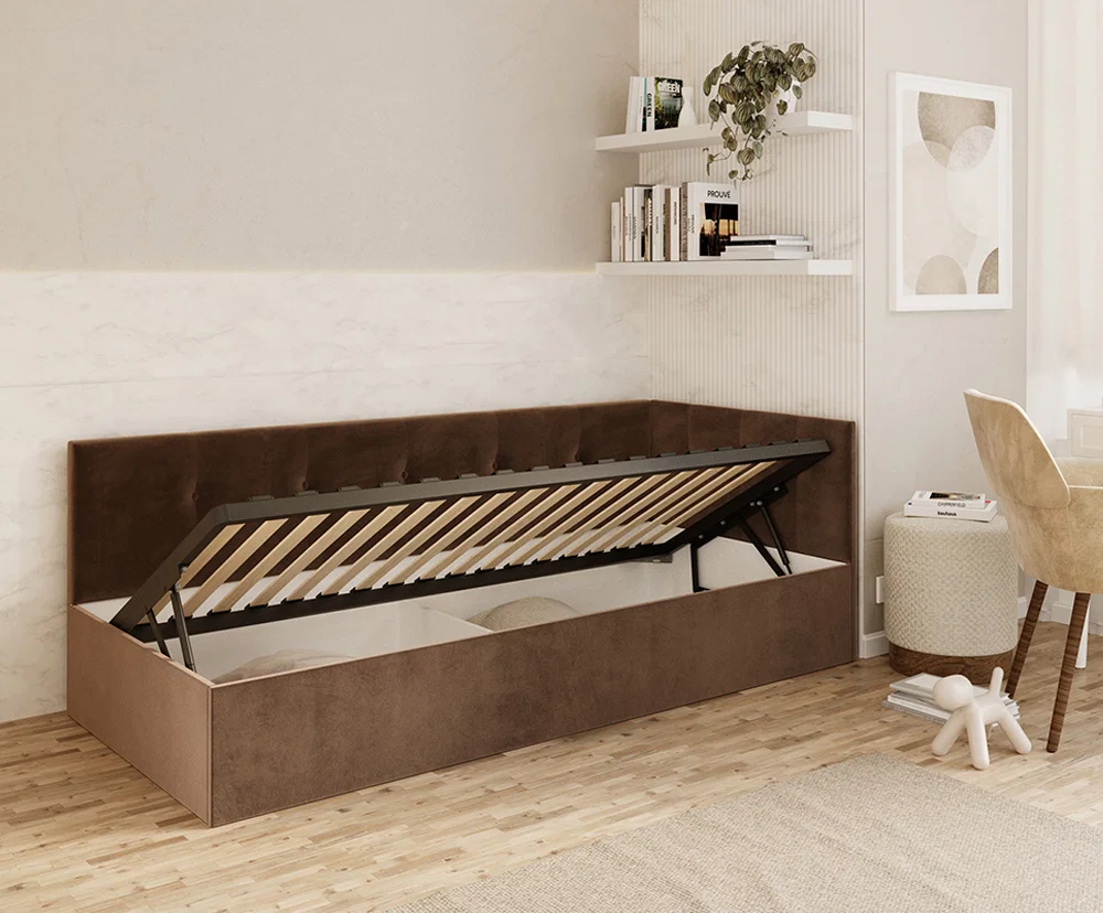 Postel EDDY 2 pro děti a mládež hnědá TRINITY 90x200 kovový zdvižný rošt