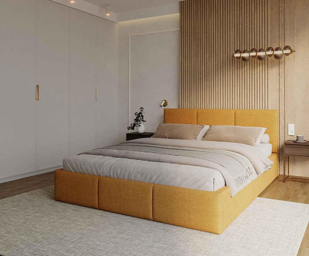 Čalouněná postel FRESIA 90x200cm Žlutá Ottawa s úložným prostorem kovový rošt