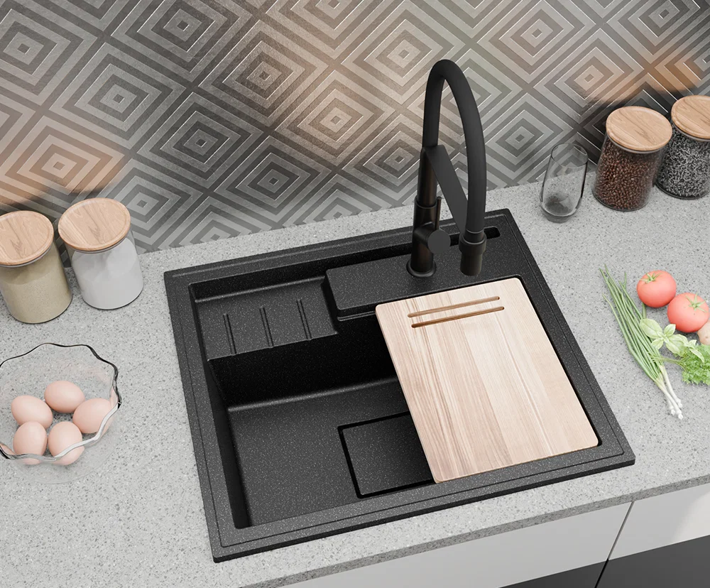Granitový dřez ELITE 6052 ŠEDÝ + zlatý sifon 60 x 52 x 21,5cm
