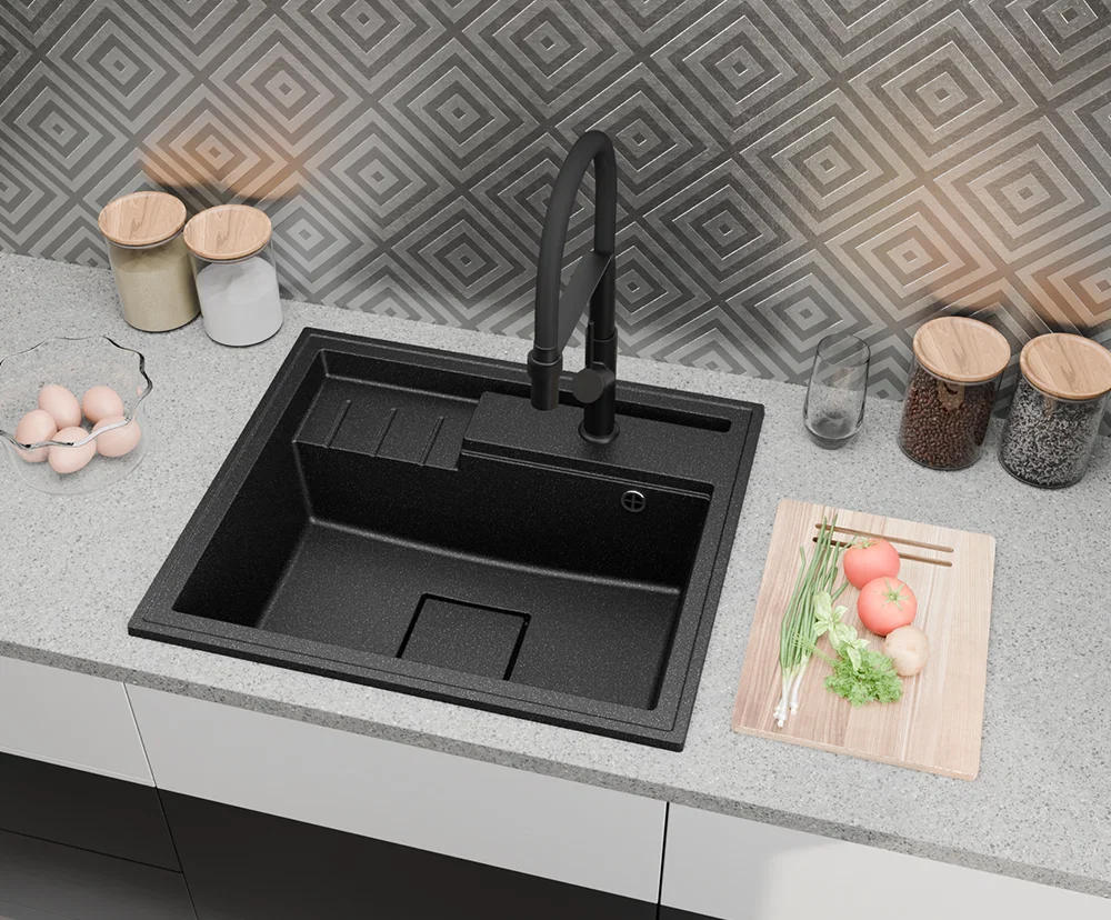 Granitový dřez ELITE 6052 ŠEDÝ + zlatý sifon 60 x 52 x 21,5cm