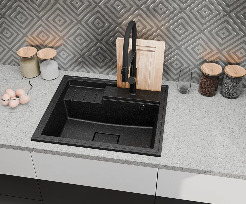 Granitový dřez ELITE 6052 ŠEDÝ + zlatý sifon 60 x 52 x 21,5cm