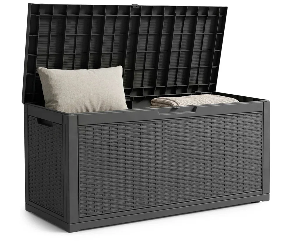 Zahradní úložný box na polstry a nářadí 340 l, černý, voděodolný, 119×58×52 cm