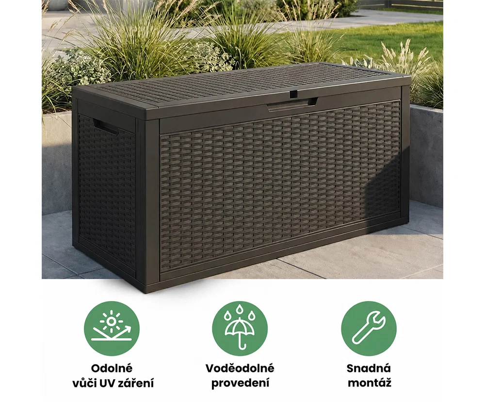Zahradní úložný box na polstry a nářadí 340 l, černý, voděodolný, 119×58×52 cm