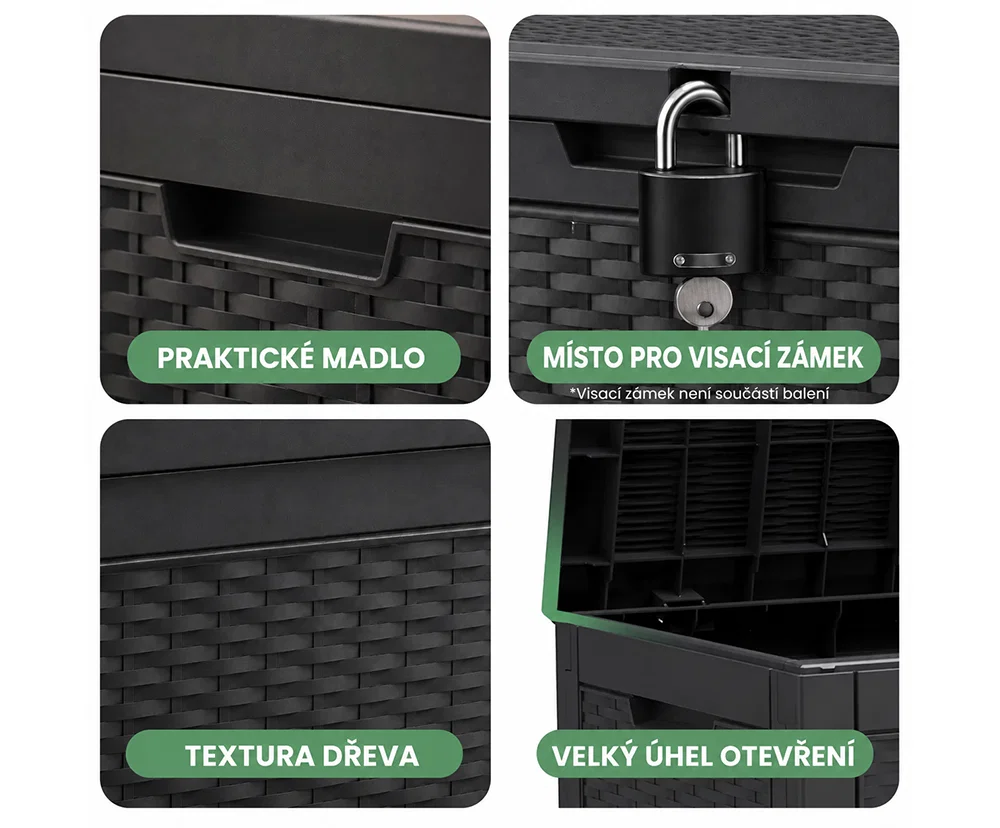 Zahradní úložný box na polstry a nářadí 340 l, černý, voděodolný, 119×58×52 cm
