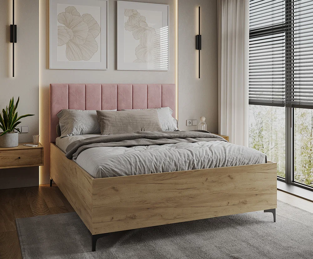 Postel SIERRA 90×200 s kovovým zdvižným roštem TRINITY Dub Craft - Růžová