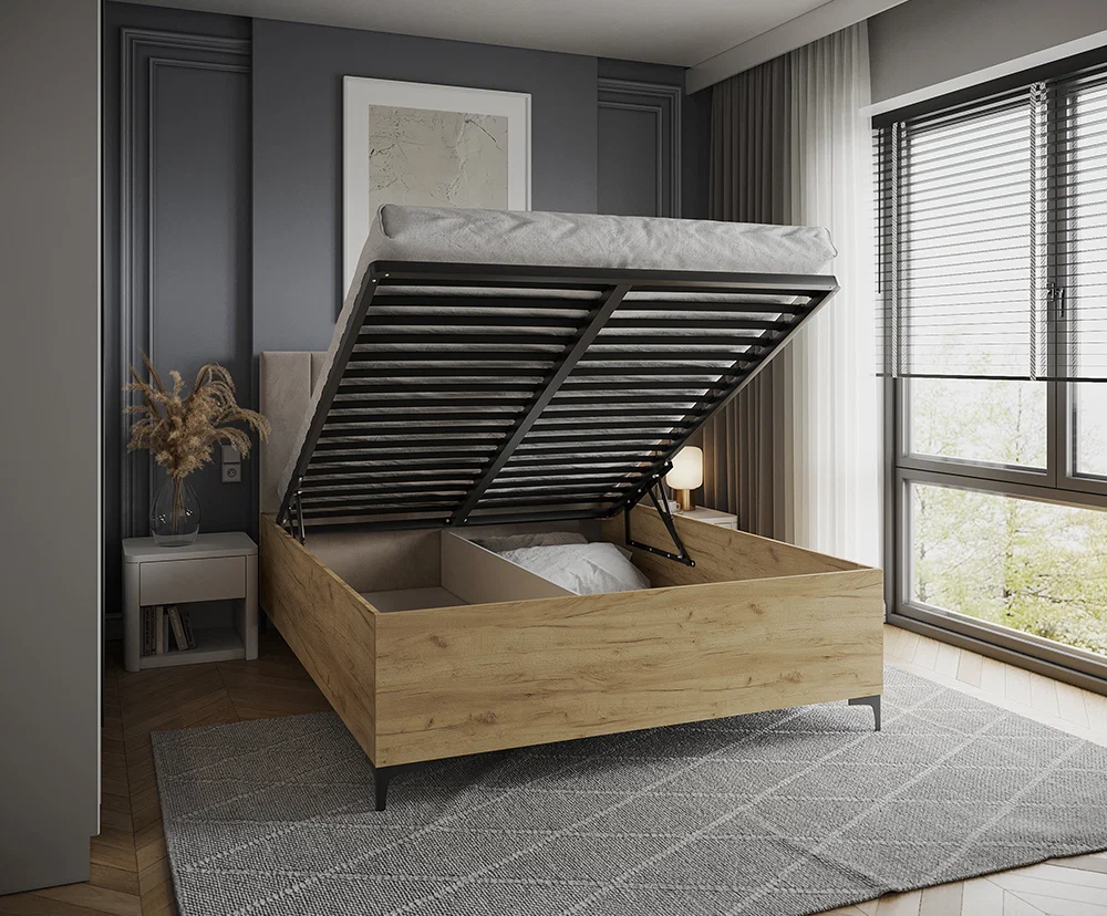 Postel SIERRA 90×200 s kovovým zdvižným roštem TRINITY Dub Craft - Krémová