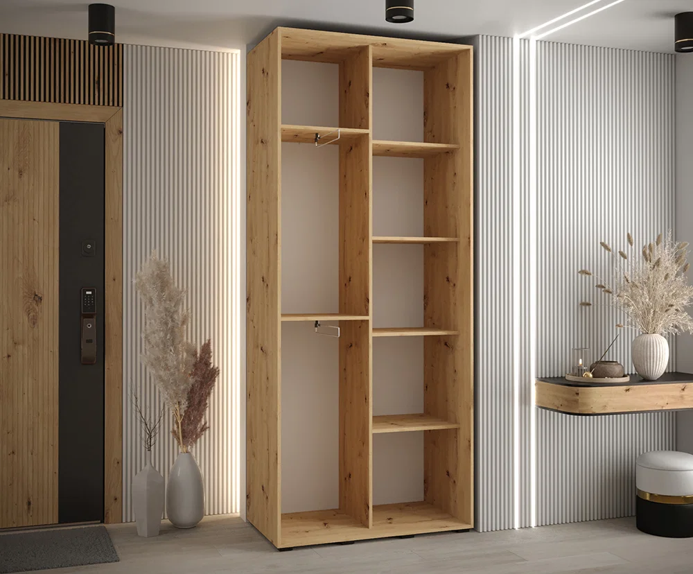 Šatní skříň DAVOS 5 posuvné dvěře a zrcadlo, 120×235×45, DUB Artisan / černé pojezdy