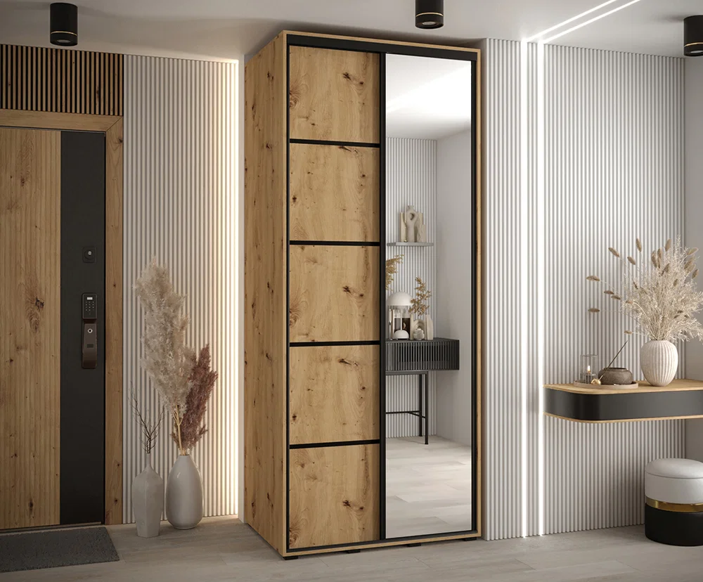 Šatní skříň DAVOS 5 posuvné dvěře a zrcadlo, 120×235×45, DUB Artisan / černé pojezdy