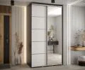 Šatní skříň DAVOS 5 posuvné dvěře a zrcadlo, 140×235×45, Černá / bílá / stříbrné pojezdy