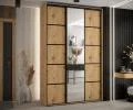 Šatní skříň DAVOS 5 posuvné dvěře a zrcadlo, 150×235×45, DUB Artisan / černé pojezdy