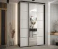 Šatní skříň DAVOS 5 posuvné dvěře a zrcadlo, 150×235×45, Černá / bílá / stříbrné pojezdy