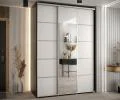 Šatní skříň DAVOS 5 posuvné dvěře a zrcadlo, 180×235×45, Černá / bílá / stříbrné pojezdy
