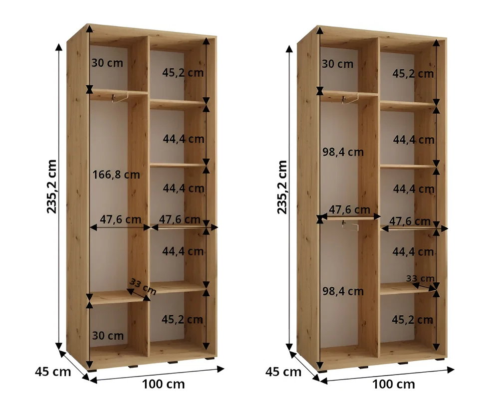 Šatní skříň DAVOS 7 posuvné dvěře a zrcadlo, 100×235×45, DUB Artisan / černé pojezdy