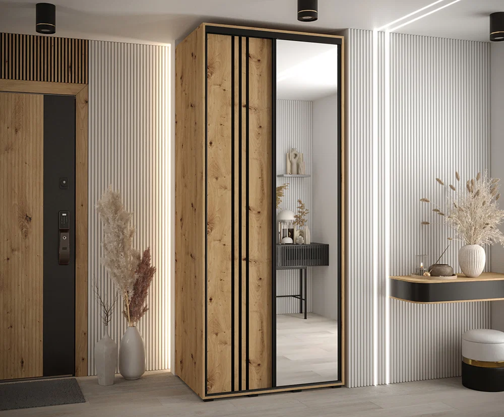 Šatní skříň DAVOS 7 posuvné dvěře a zrcadlo, 100×235×45, DUB Artisan / černé pojezdy