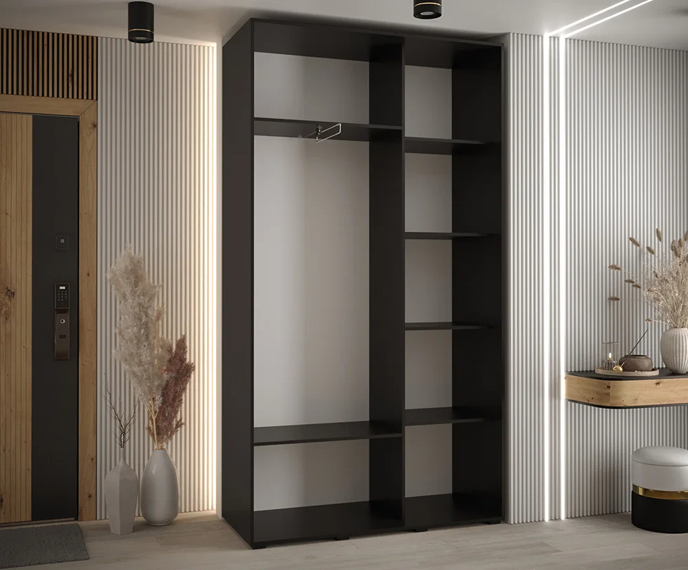 Šatní skříň DAVOS 7 posuvné dvěře a zrcadlo, 140×235×45, Černá / černé pojezdy