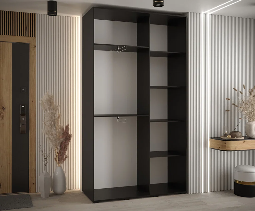 Šatní skříň DAVOS 7 posuvné dvěře a zrcadlo, 140×235×45, Černá / černé pojezdy