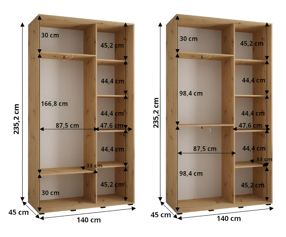Šatní skříň DAVOS 7 posuvné dvěře a zrcadlo, 140×235×45, Černá / černé pojezdy