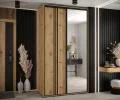 Šatní skříň DAVOS 7 posuvné dvěře a zrcadlo, 140×235×45, DUB Artisan / černé pojezdy
