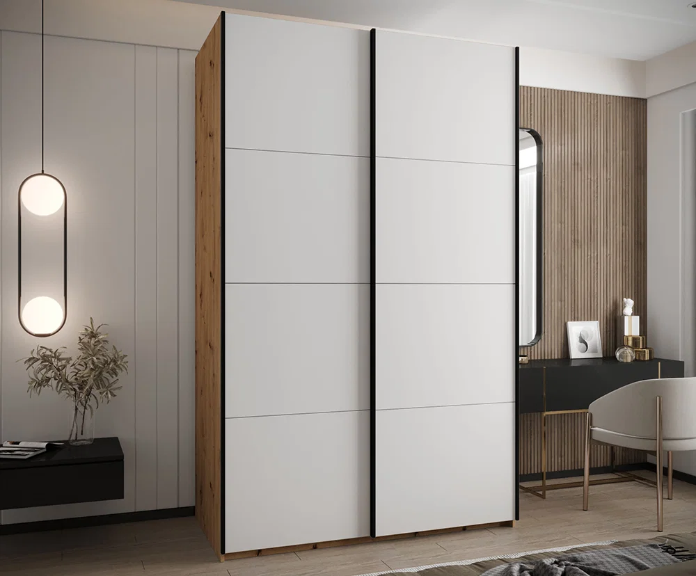 Šatní skříň LUX 1 s posuvnými dveřmi, 150×245,5×64 Dub Artisan / bílá / černé