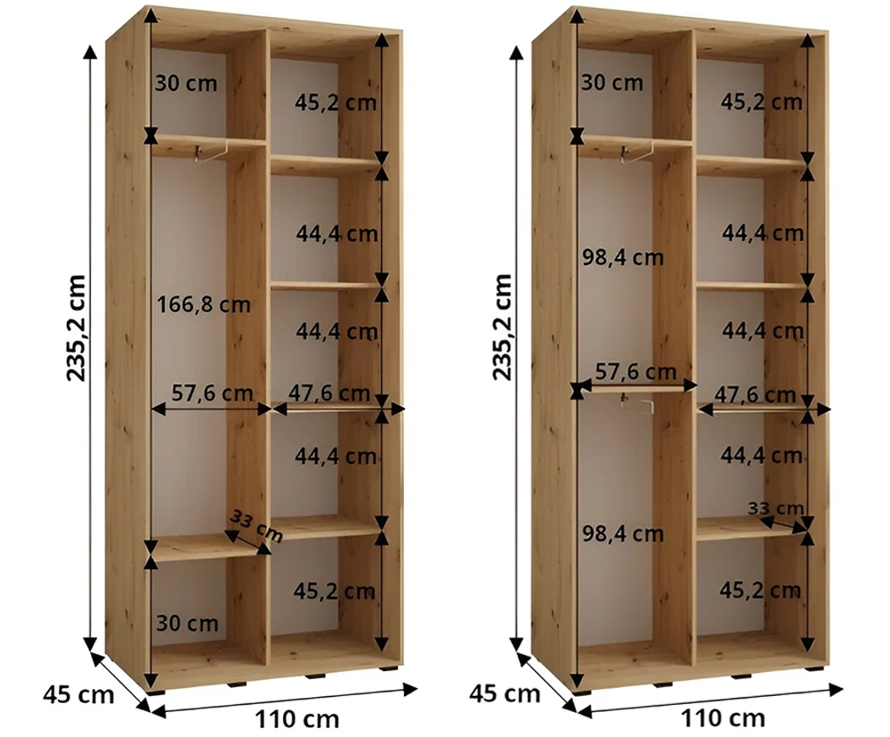 Šatní skříň DAVOS 2 posuvné zrcadlové dvěře, 110×235×45, DUB Artisan / stříbrné